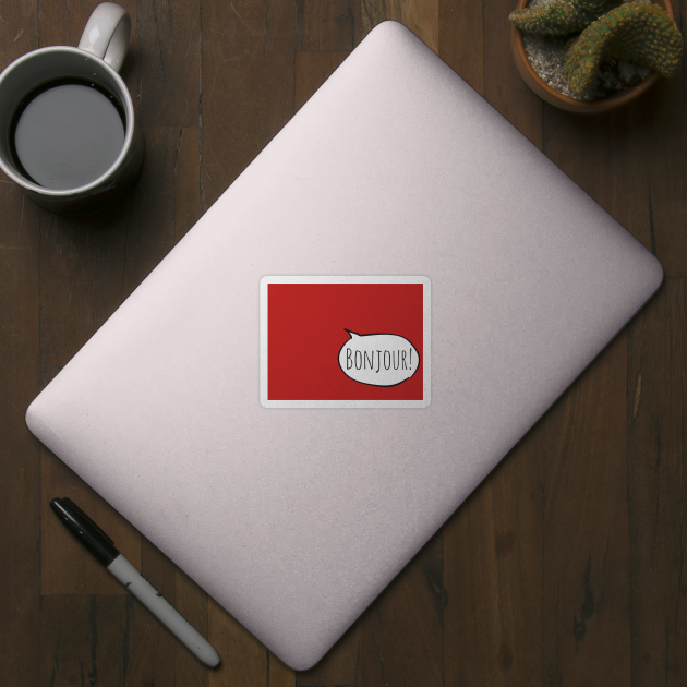 Cheerful BONJOUR! with white speech bubble on red (Français / French) by Ofeefee